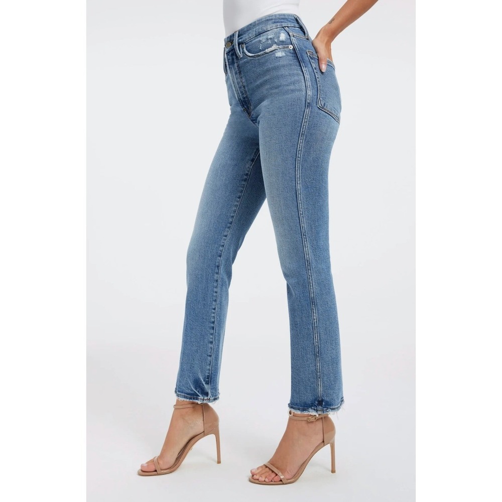 Good American Good Curve Straight Jeans Indigo338 High Rise Distressed 4 / 27 - Picture 2 of 11